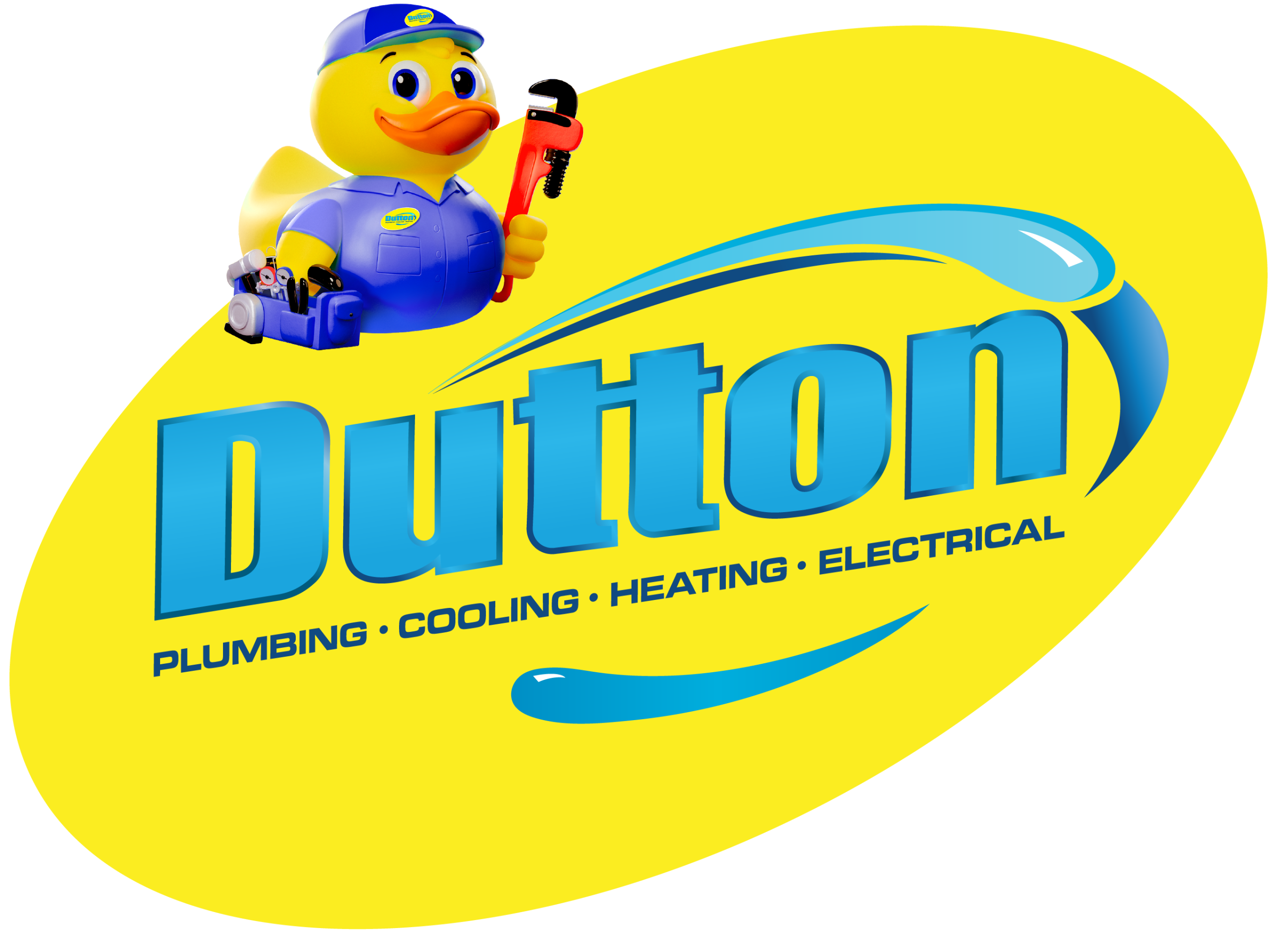Yellow duck mascot in blue uniform holding a red pipe wrench beside large blue 'Dutton' logo on yellow oval background